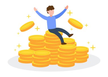 Parıltılı altın sikkelerin üzerinde oturan mutlu adam. Zengin ya da tasarruflu, yaratıcı finansal konsept. Para grubu. Basit moda sevimli çizgi film karakteri. Düz biçim vektör illüstrasyonu.