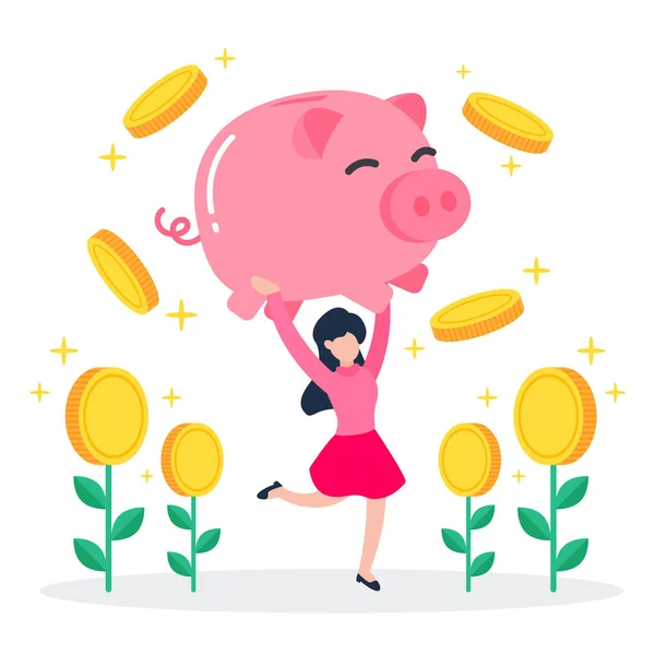 女性は浮動コインとお金の木とピンクの貯金箱を運ぶ 投資の創造的な財務概念 トレンディかわいい漫画ベクトルイラスト フラットスタイルのグラフィックデザイン — ストックベクタ