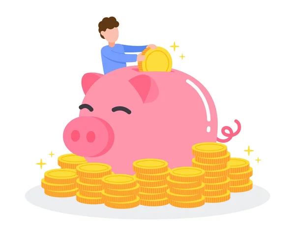 Man Putting Golden Money Coin Piggy Bank Stack Coins Creative — Stock Vector