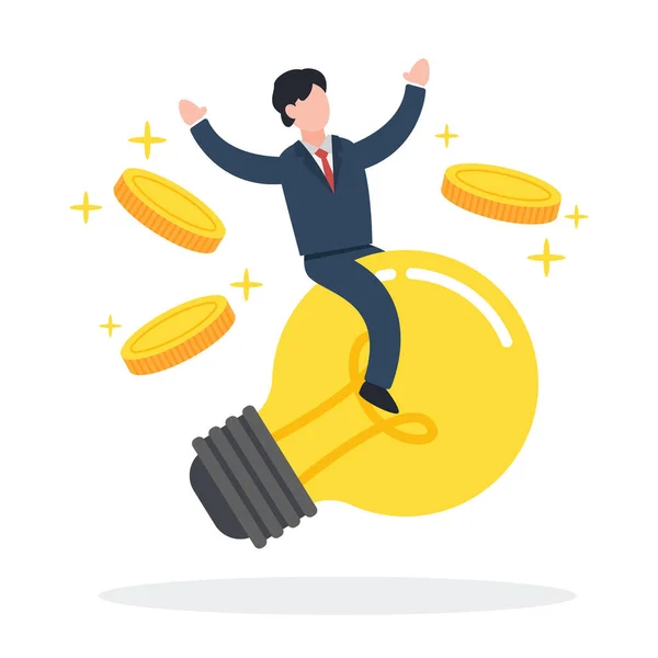 ビジネスマンは黄金のコインで浮遊電球に座っています ビジネスアイデアやイノベーションからお金を稼ぐ創造的な概念 シンプルなトレンディーなかわいい漫画のベクトルイラスト フラットスタイルのグラフィックデザイン — ストックベクタ