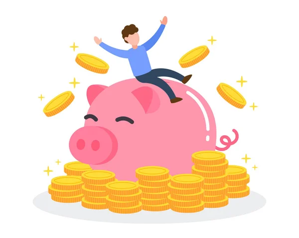 男は金貨を積んだピンクの貯金箱の上に座っている または金持ちの創造的な財務的概念 シンプルなトレンディーなかわいい漫画のベクトルイラスト フラットスタイルのグラフィックデザイン — ストックベクタ
