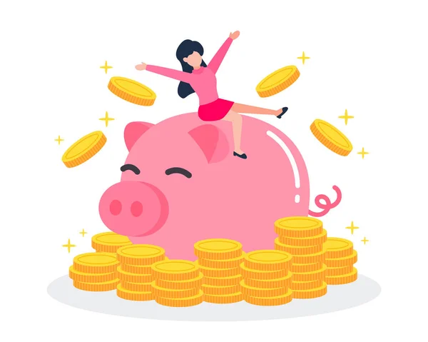 女は金貨を積んだピンクの貯金箱の上に座っている または金持ちの創造的な財務的概念 シンプルなトレンディーなかわいい漫画のベクトルイラスト フラットスタイルのグラフィックデザイン — ストックベクタ