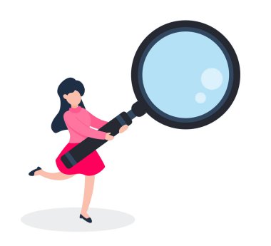 Kadının elinde büyüteç ya da büyüteç var. Yaratıcı arama, analiz, merak, keşif, inceleme, araştırma ya da yakınlaştırma kavramı. Basit, modaya uygun, sevimli çizgi film vektör çizimi. Düz stil grafik tasarım simgesi.