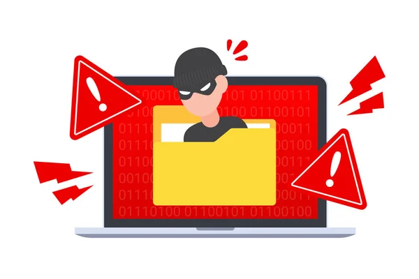 Hacker Hides Document Folder Laptop Emergency Warning Cybercrime Alert Data — Stock Vector