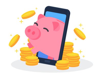 Domuz kumbarası cep telefonundan ya da akıllı telefondan yığınla altın para ile çıkar. Dijital cüzdanda yaratıcı finansal tasarruf kavramı. Basit moda şirin çizgi film düz vektör çizimi.