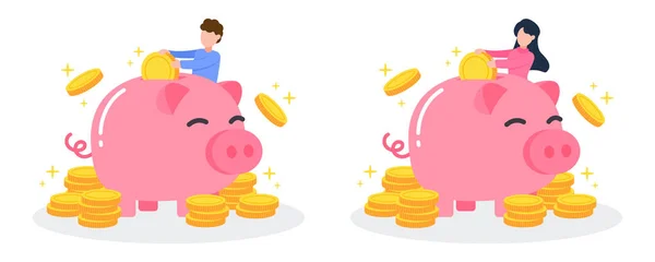 Mann Und Frau Legen Goldene Geldmünzen Ein Sparschwein Mit Einem — Stockvektor