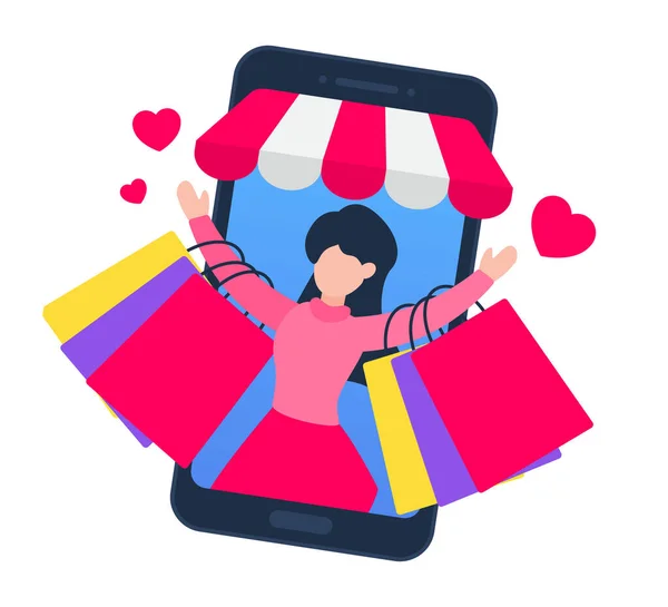 Mulher Feliz Com Sacos Compras Coloridos Dentro Smartphone Com Toldo — Vetor de Stock