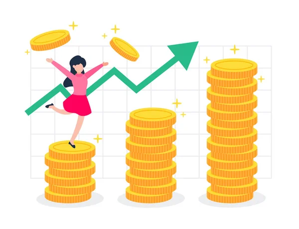 女性は正のグラフで黄金の貨幣の山の上に立っている 富または富の創造的な金融の概念 トレンディかわいい漫画ベクトルイラスト フラットスタイルのグラフィックデザイン要素 — ストックベクタ