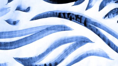 Moda Boyası. Cyan ve Blue Navy Ocean Doodle. Moda Şablonu. Safir Doğal Tekstil. Karalama Süslemesi. Gök mavisi renginde boya. Soyut El Çizimi Arkaplanı.