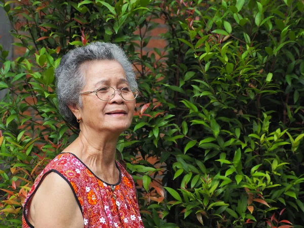 Asijské Starší Žena Dívá Pryč Usmívá Zatímco Stojí Zahradě Koncepce — Stock fotografie
