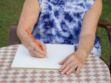 Bahçedeki masada günlüğe yazan yaşlı kadının elleri. Metin için boşluk