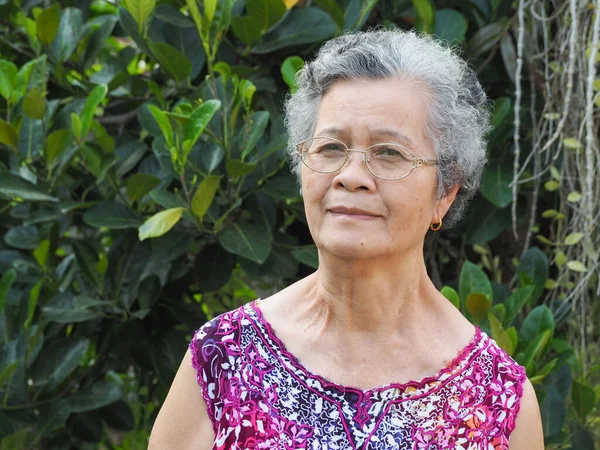 Retrato Una Mujer Mayor Sonriendo Mirando Cámara Mientras Está Pie — Foto de Stock