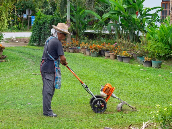 Senior Asian man mowing in the garden. Concept of old people and health