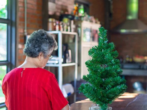 Árbol Navidad Primer Plano Con Fondo Borroso Con Una Mujer — Foto de Stock