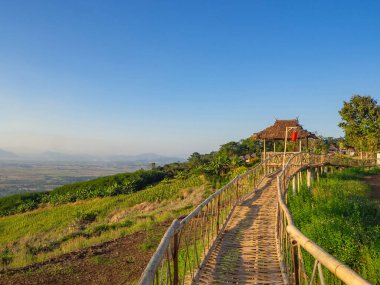Gökyüzü ve dağ zeminli pirinç tarlalarının güzel manzarası. Tarım alanı. Mesaj için yer var. Doğa ve pirinç ekimi kavramı