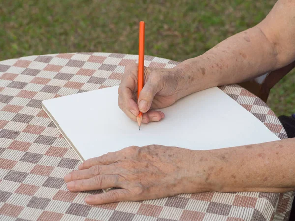 Mãos Uma Mulher Idosa Escrevendo Livro Enquanto Senta Uma Cadeira — Fotografia de Stock