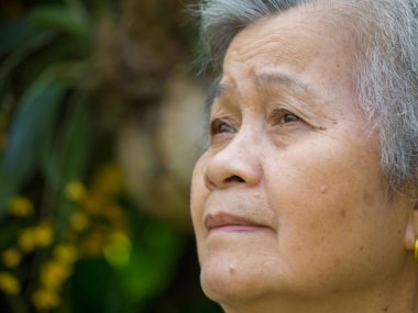 Yaşlı bir Asyalı kadın bahçede dikilirken gülümsüyor ve başka tarafa bakıyor. Son sınıf kadın portresinin güzel yüzü. Yaşlılar ve sağlık hizmetleri kavramı.