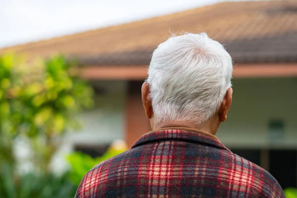 Vista Trasera Anciano Asiático Mirando Casa Mientras Está Pie Jardín — Foto de Stock