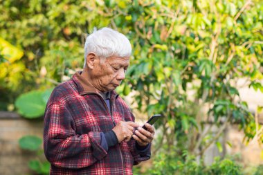 Bahçede dikilirken akıllı telefon kullanan kıdemli bir adam. Mesaj için yer var. Yaşlılar ve teknoloji kavramı.