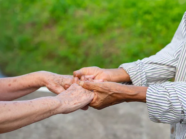 Крупный План Пожимания Руки Пожилым Женщинам Единство — стоковое фото