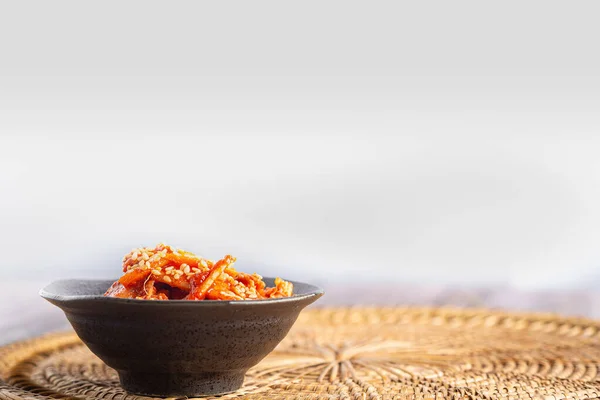 Side View Traditional Korean Kimchi Bowl Rattan Placemat Space Text — Stock Photo, Image