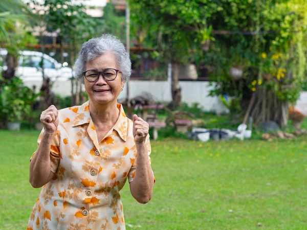 Retrato Una Mujer Mayor Feliz Apretando Puños Emocionado Por Éxito — Foto de Stock