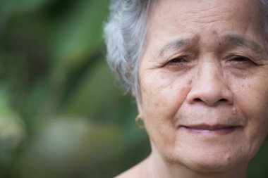 Kapıda durup kameraya bakarken gülümseyen ve bakan son sınıf bir kadının yakın çekimi. Mesaj için yer var. Yaşlılar ve sağlık hizmetleri kavramı.