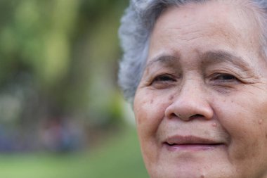 Kapıda durup kameraya bakarken gülümseyen ve bakan son sınıf bir kadının yakın çekimi. Mesaj için yer var. Yaşlılar ve sağlık hizmetleri kavramı.