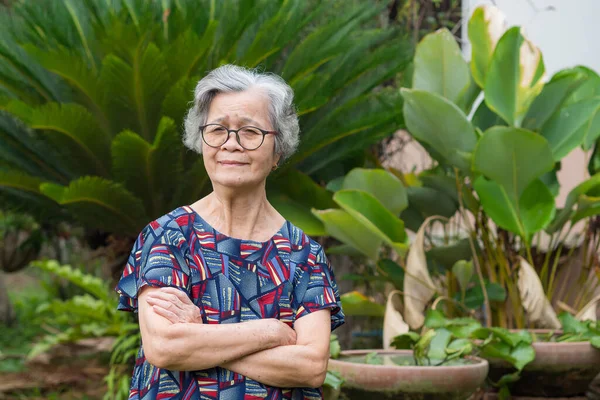 Retrato Una Anciana Asiática Con Pelo Gris Corto Con Gafas — Foto de Stock