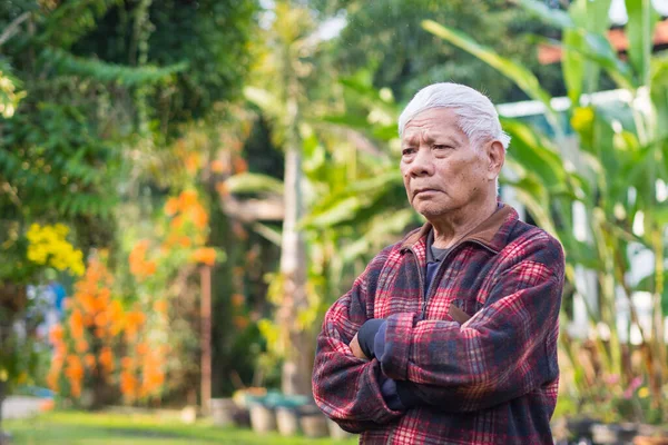 Retrato Anciano Asiático Con Pelo Gris Los Brazos Cruzados Mirando — Foto de Stock