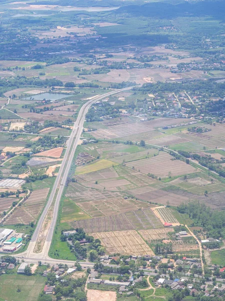 Aerial View Agricultural Field River Road Townscape Seen Airplane Window — Stock Photo, Image