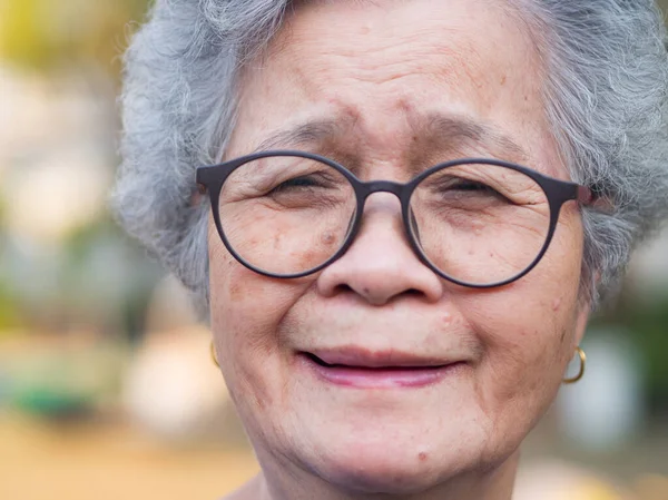 Primer Plano Cara Anciana Sonriendo Felicidad Pelo Corto Gris Mirando —  Fotos de Stock