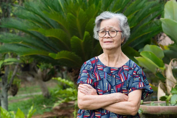 Retrato Una Anciana Pelo Gris Corto Con Gafas Sonriendo Con — Foto de Stock