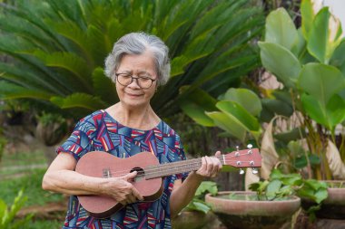 Bahçede dururken gitar çalan yaşlı bir kadının portresi. Şarkı söyleyerek, küçük gitar çalarak, mutlu bir şekilde ve emekli olduktan sonra hayatın tadını çıkararak. Yaşlılar ve sağlık hizmetleri kavramı