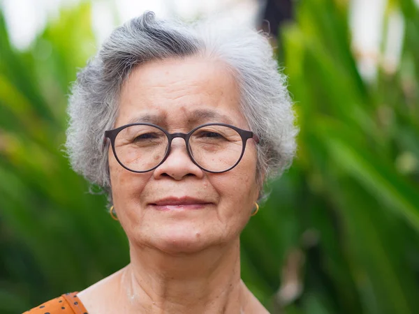 Portrait of an elderly woman wearing eyeglasses, smiling and looking at camera while standing in a garden. Space for text. Concept of old people and healthcare