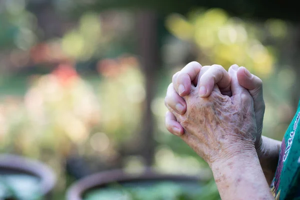 一位老妇人站在花园时 她的双手紧紧地绑在一起 专注于手部皱纹的皮肤 文字空间 保健概念 — 图库照片