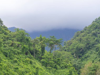Bulutlu gökyüzüne karşı dağların manzarası. Doğa fotoğrafçılığı. Metin için boşluk