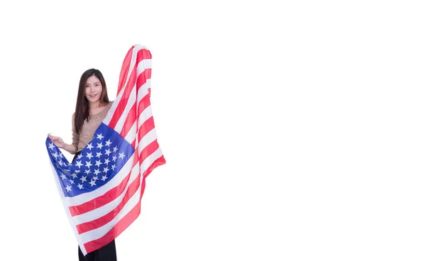 Porträtt Ung Kvinna Som Håller Usa Flagga Med Vit Bakgrund — Stockfoto