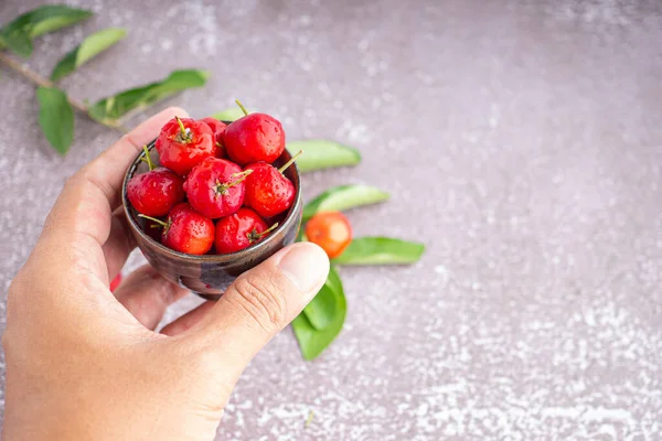 Nahaufnahme Einer Hand Die Eine Keramikschale Mit Reifen Roten Kirschen — Stockfoto