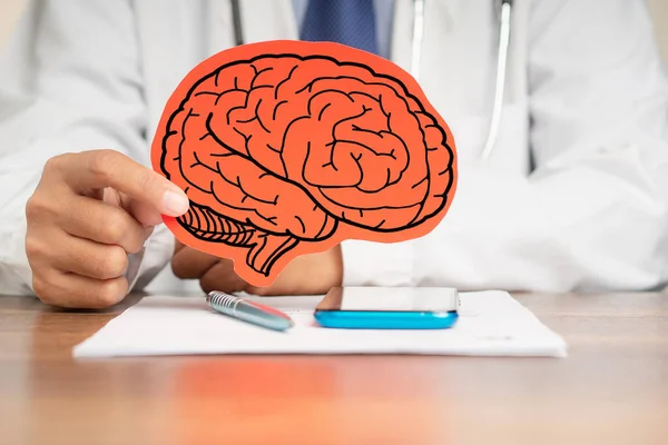 Hastane masasında otururken kırmızı kağıttan yapılmış beyin sembolü taşıyan üniformalı bir doktorun orta kısmı. Yakın plan fotoğraf. Tıbbi ve sağlık hizmeti kavramı