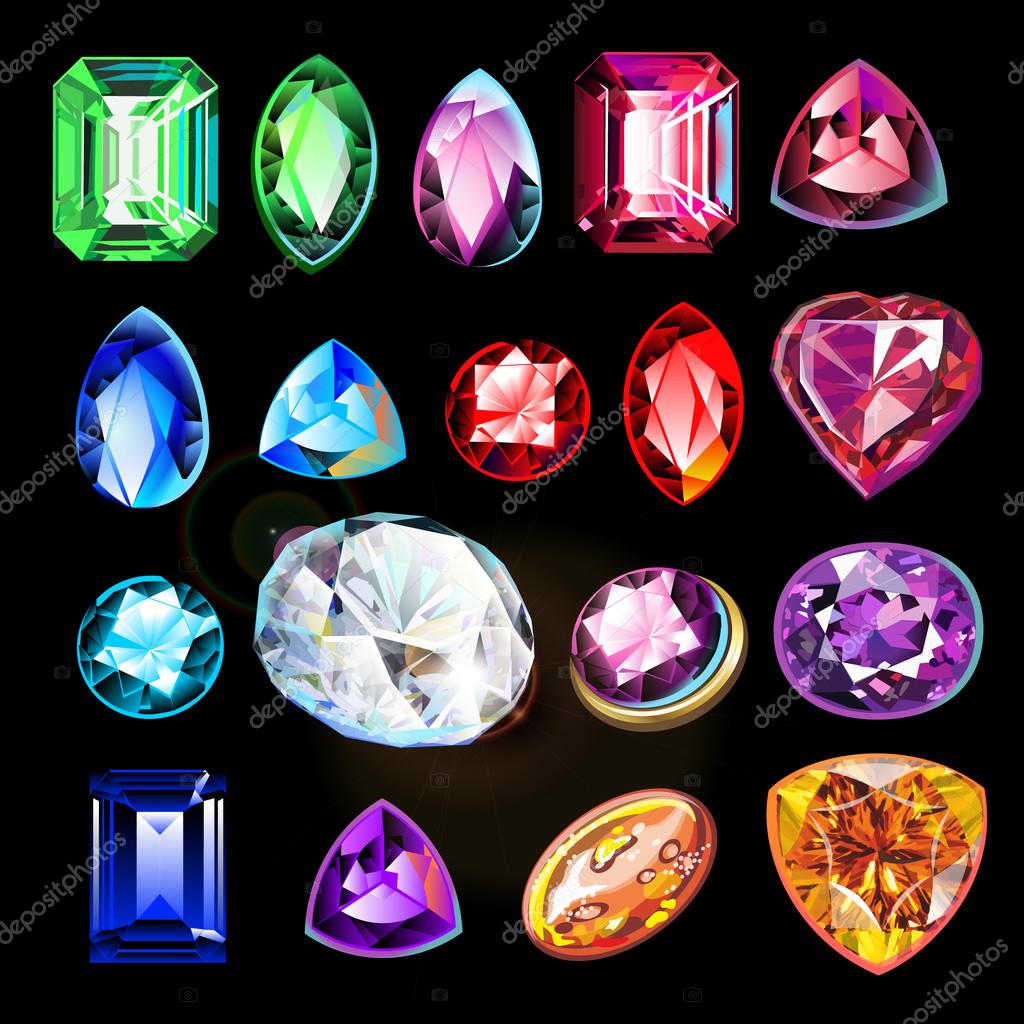 Different in color, shape and cut gems on black background. Stock