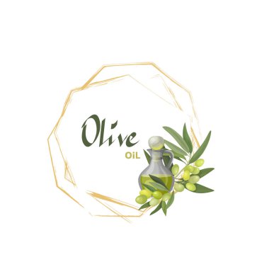 Bir zeytin ağacının meyve ve bir sürahi zeytinyağlı bir çerçevesinin veya çelenginin vektör çizimi. Davetiyeler, kartlar, etiketler ve reklamlar için teşekkür ederim.