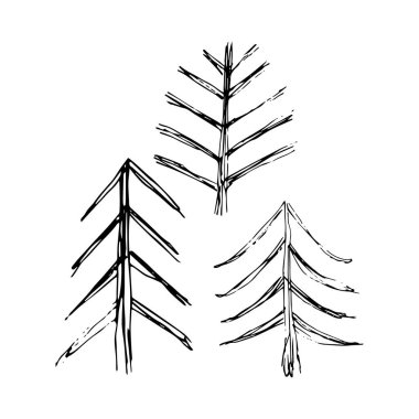 Stock Vector Illustration with Sketch Hand Drawn Doodle çizgi film Noel ağacı çocuk stili. Mutlu Noeller ve yeni yıl tasarımı için 3 Noel ağacı ya da sonbahar ağacı.