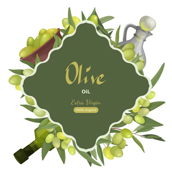 Ilustración Vectorial Marco Etiqueta Verde Rombo Para Envasar Aceite Oliva — Vector de stock