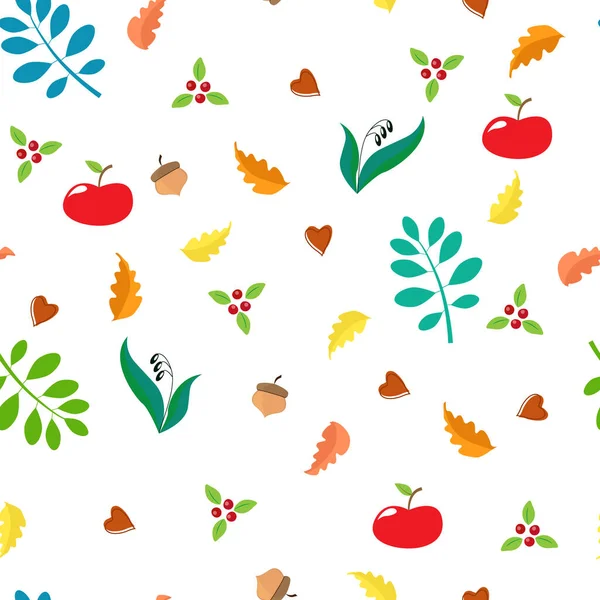 Seamless Autumn Pattern Oak Leaves Apples Lingonberries Acorns Blue Leaves — Stock Vector