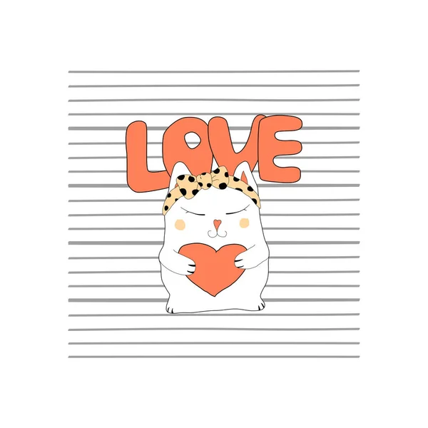 Hand Drawn Illustration Cute Falling Love White Cat Shirt Printing — Stock Vector