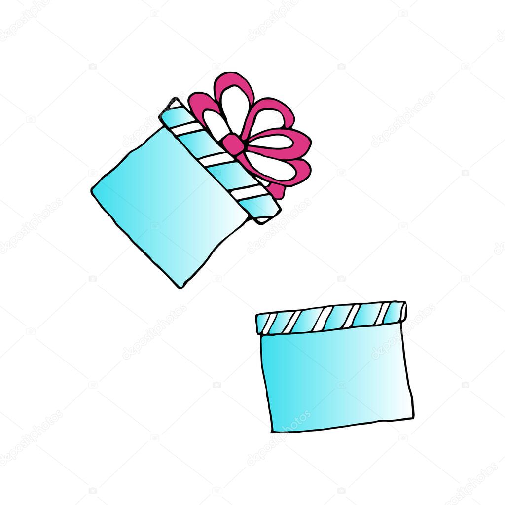 Stock Vector Illustration with Sketch Hand Drawn Doodle Cartoon Christmas New Year Boxes with Gifts. Blue gradient For Merry Christmas and Happy New Year design. For invitations