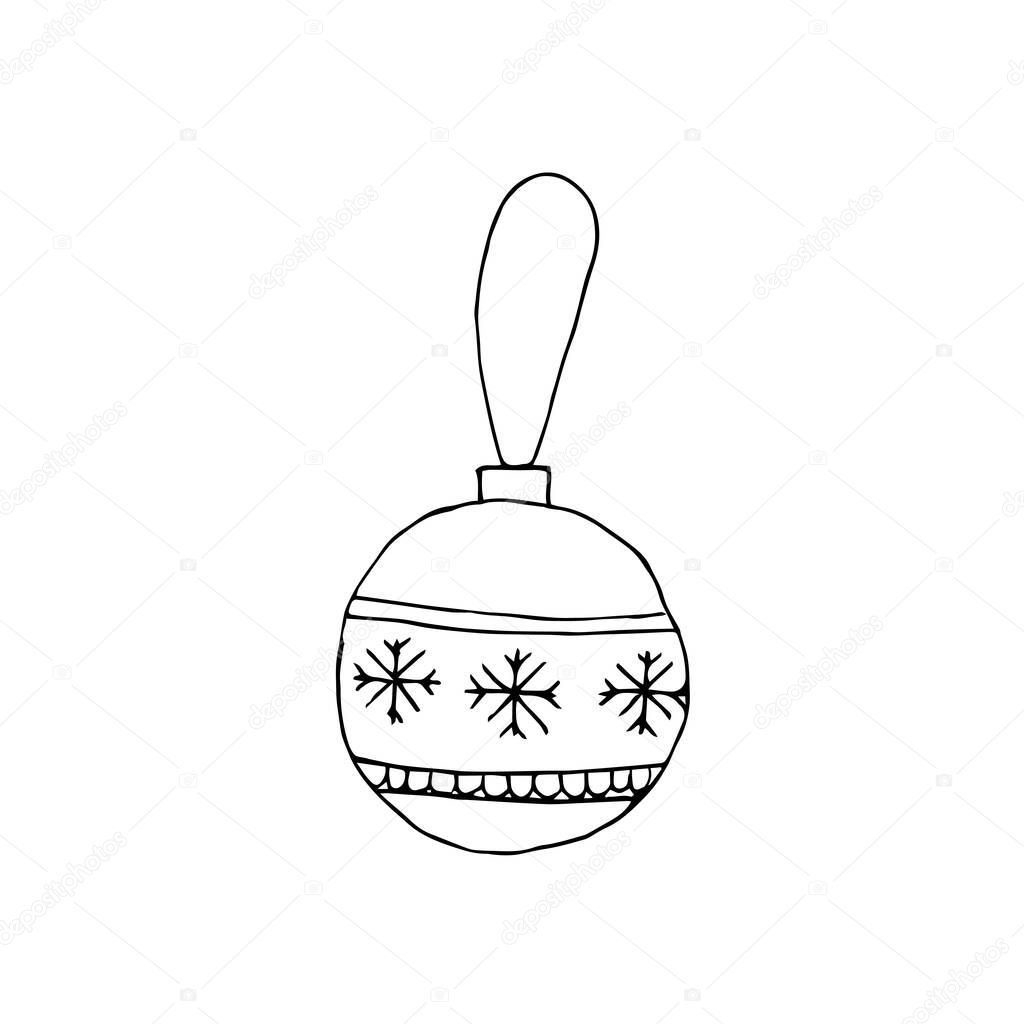 Stock Vector Illustration with Sketch Hand Drawn Doodle Cartoon Christmas Ball for Christmas Tree Decoration. With snowflakes. For Merry Christmas and Happy New Year design. For invitations
