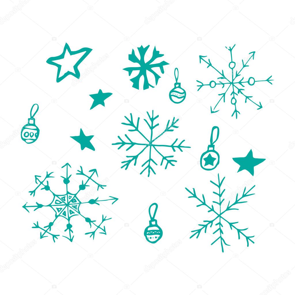 Stock Vector Illustration with Sketch Hand Drawn Doodle Cartoon Christmas Snowflakes, Stars, Balls. For Merry Christmas and Happy New Year design. For invitations