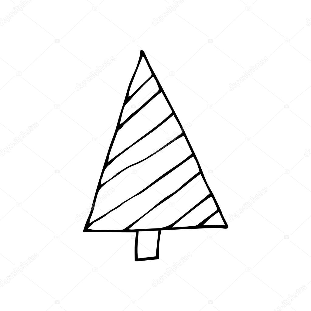 Stock Vector Illustration with Outline Sketch Hand Drawn Doodle Cartoon Christmas Tree with striped diagonal. Christmas tree or autumn tree for Merry Christmas and Happy New Year design.